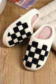 Black Checkered Print Fuzzy Slip On Winter Slippers