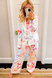 White Bow Knot Print Lapel Collar Wide Leg Satin Pajama Set