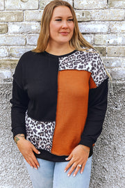 Black Orange Colorblock Leopard Patchwork Waffle Knit Plus Size Top