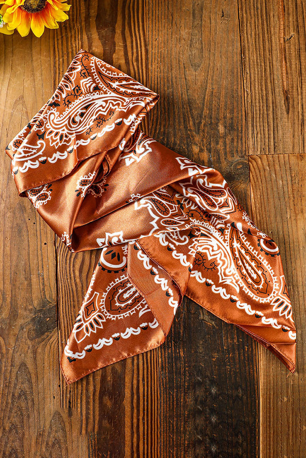 Gold Flame Vintage Fashion Satin Paisley Flower Prints Square Scarf