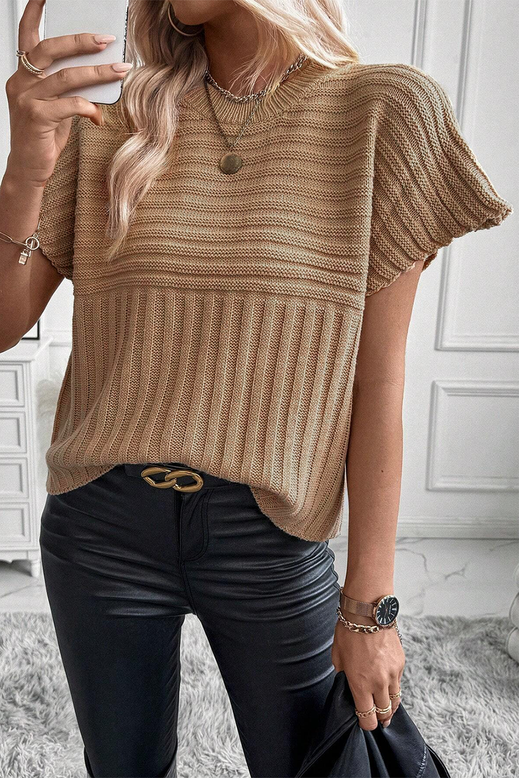 Light French Beige Rib Knitted Wide Sleeve Sweater T Shirt