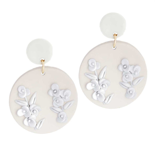 White Tan Clay Round Flower Bridal Earrings