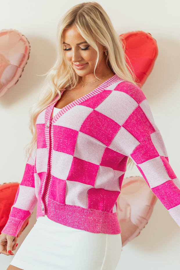 Pink Checkered Drop Shoulder Buttoned V Neck Cardigan