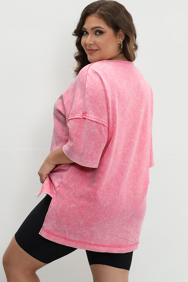 Strawberry Pink Mineral Wash Drop Sleeve Patchwork Plus Tee