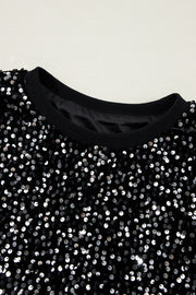 Black Sequined Long Sleeve Crew Neck Cropped Blouse