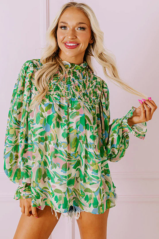 Green Leafy Printed Flounce Sleeve Shirred Mock Neck Blouse