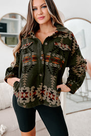 Green Aztec Print Flap Pockets Long Sleeve Shacket