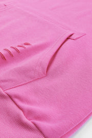 Pink Solid Ripped Hooded Sweatshirt with Kangaroo Pocket