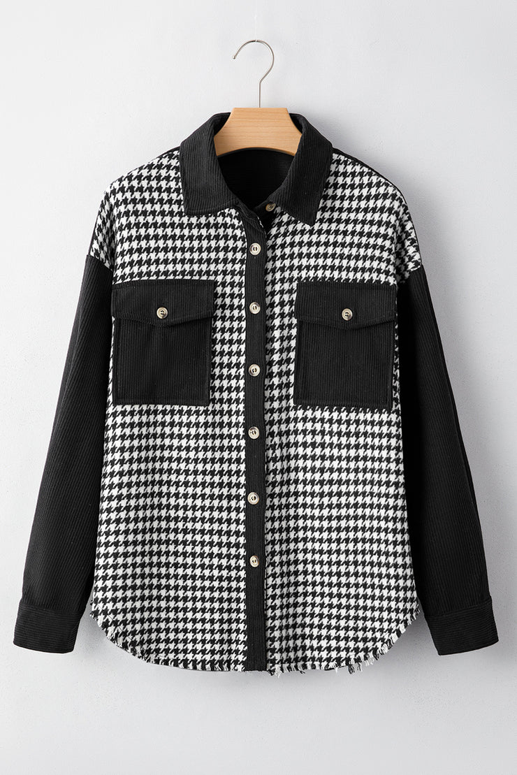 Black Houndstooth Corduroy Patchwork Flap Pocket Shacket