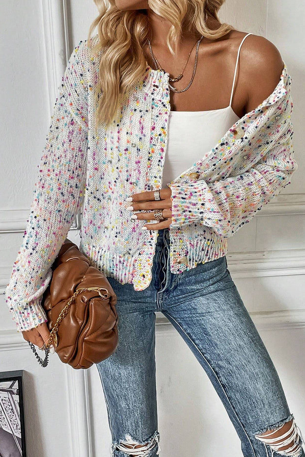 White Rhinestone Decor Multicolor Confetti Sweater Cardigan