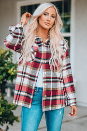 Fiery Red Geometric Plaid Print Pocketed Shacket