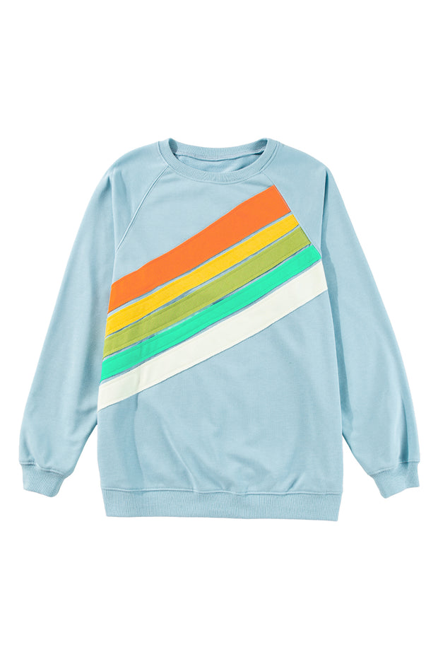 Beau Blue Rainbow Colorblock Striped Pullover Sweatshirt