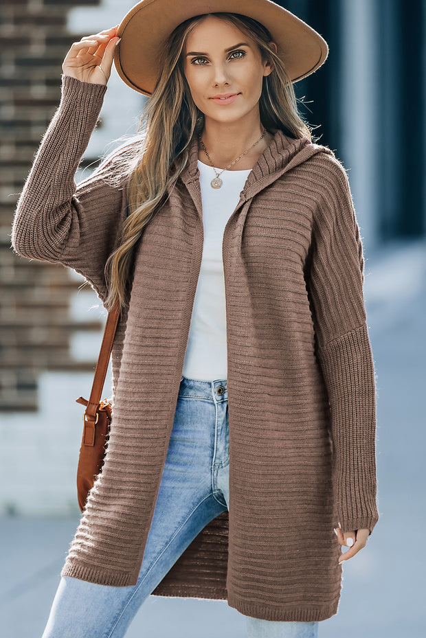 Brown Horizontal Rib Knitted Open Front Hooded Cardigan