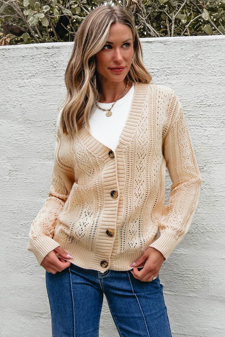 Beige Open Knit Drop Shoulder Sweater Cardigan