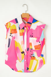 Multicolour Abstract Print Collared Cap Sleeve Casual Shirt