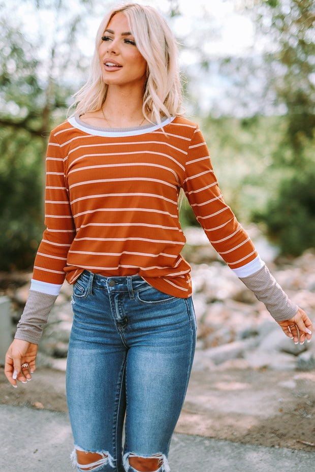 Brown Extend Color Block Cuffs Rib Knit Striped Pullover