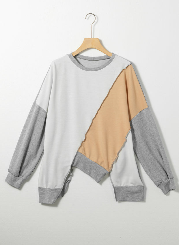 Light French Beige Colorblock Stitching Irregular Hem Long Sleeve Top