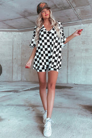 Black Checkerboard Print V Neck Loose Tee and Shorts Lounge Set