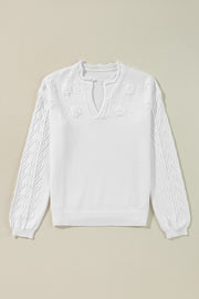 White Flower Detail Knitted Notched Neck Sweater