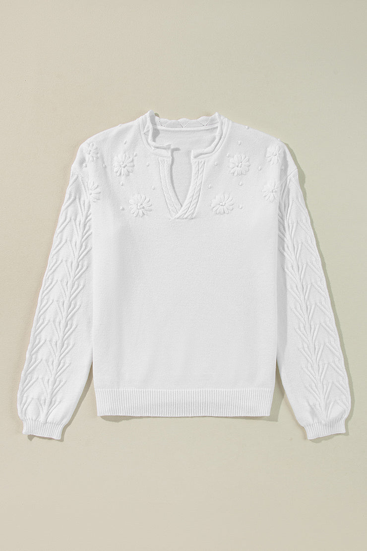 White Flower Detail Knitted Notched Neck Sweater