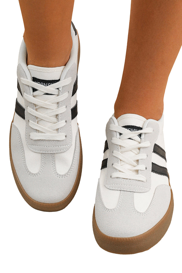 White Striped Lace Up Flat Sneakers