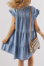 Ruffled Round Neck Cap Sleeve Denim Dress