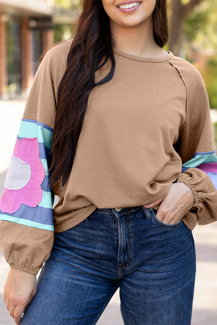 Dune Flower Patchwork Raglan Sleeve Exposed Seam Oversized Top