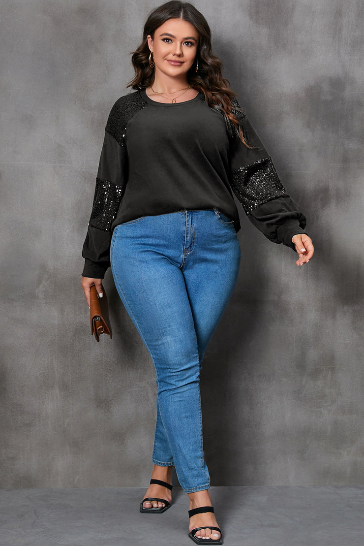 Black Plus Size Sequin Patchwork Crew Neck Long Sleeve Top