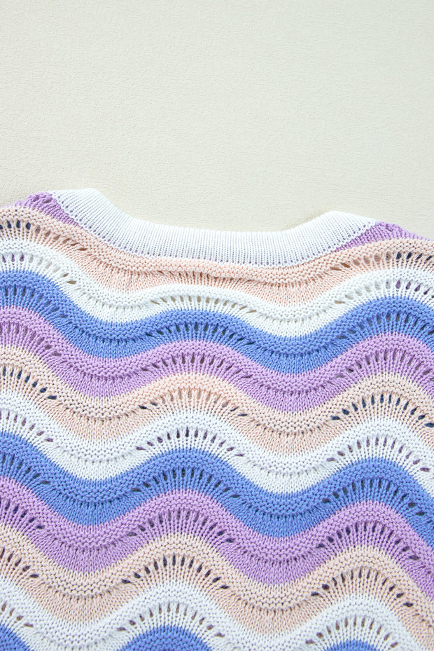 Purple Stripe Wavy Pointelle Knit Drop Shoulder Sweater