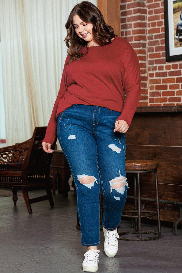 Red Dahlia Piping Detail Plus Size Long Sleeve Top