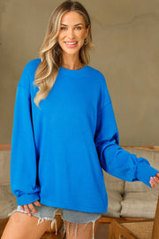 Sky Blue Solid Color Drop Shoulder Long Sleeve Basic Sweatshirt