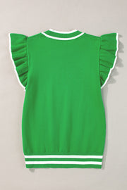 Bright Green Edge Piping Ruffled Sleeve Round Neck Knit T Shirt