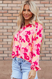 Pink Blooming Floral Print Puff Sleeve Buttoned Shirt