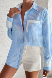 Sky Blue Stripe Contrast Patch Pocket Cuffed Sleeve Casual Shirt