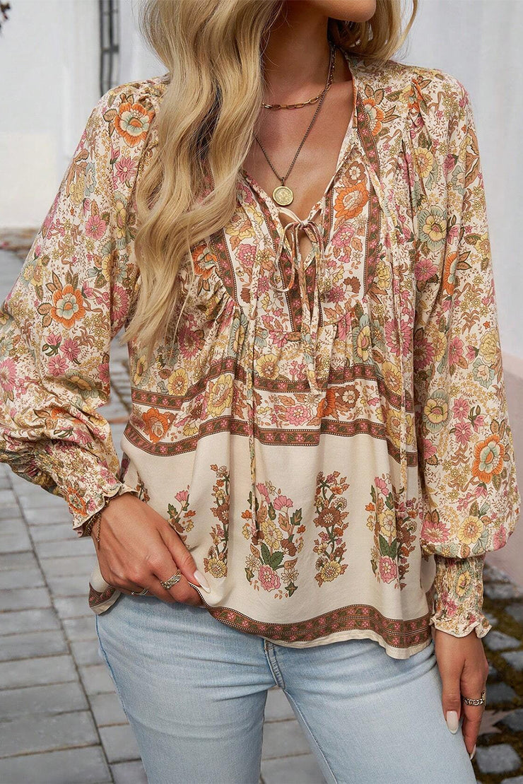 Yellow Floral Print Tie Neck Lantern Sleeve Blouse