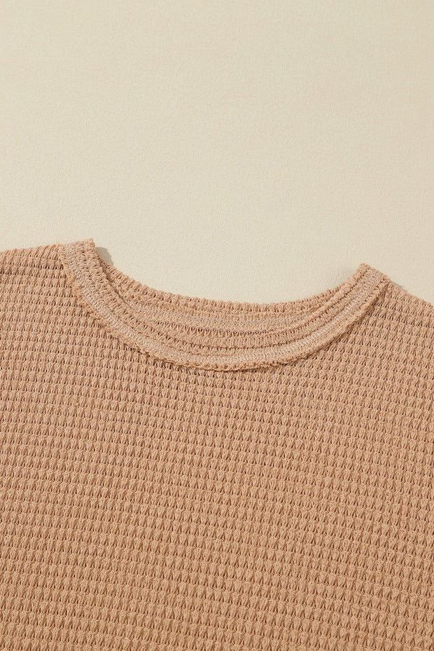 Khaki Waffle Knit High Slits Oversized Top