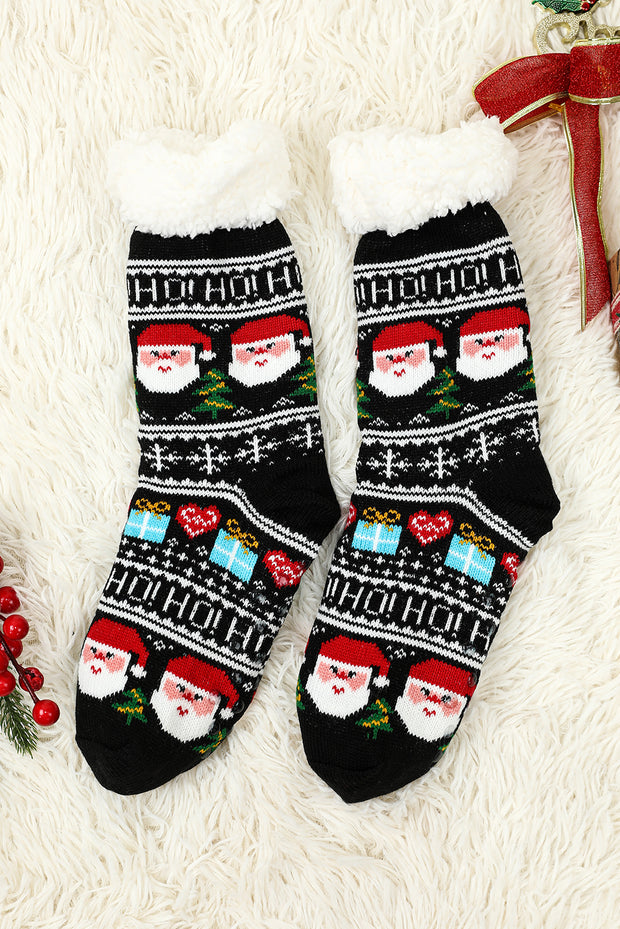 Black Cartoon Santa Claus Christmas Fleece Socks