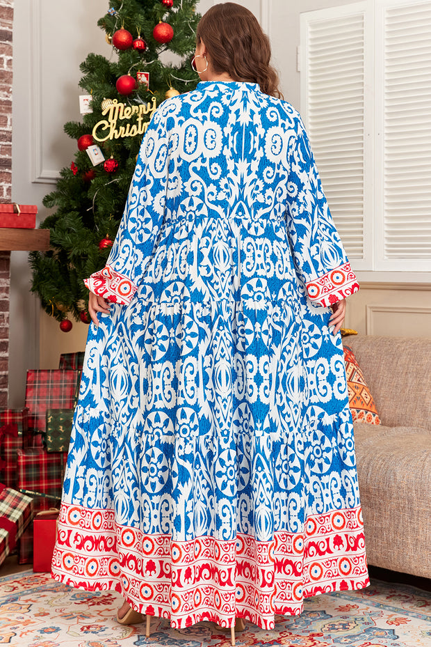 Sky Blue Vintage Floral Color Block Notch Neck Plus Size Dress