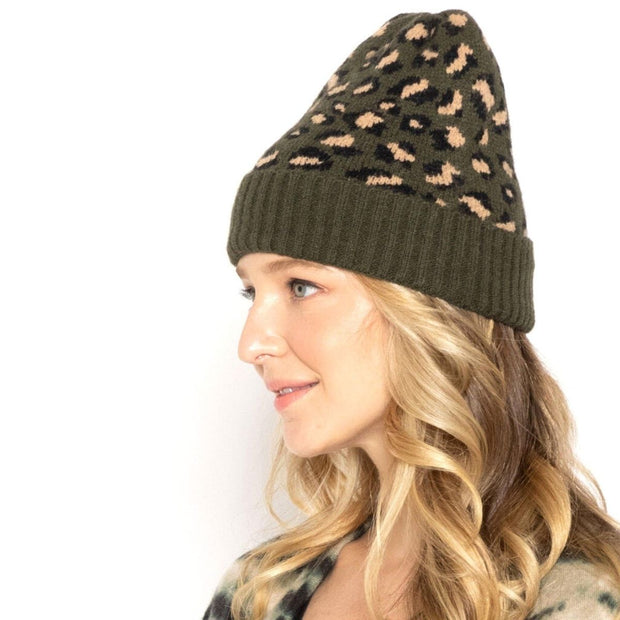 Olive Leopard Cuff Beanie