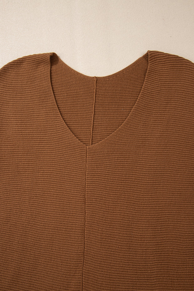 Camel Ribbed Knit Drop Sleeve V Neck Loose Fit Sweater