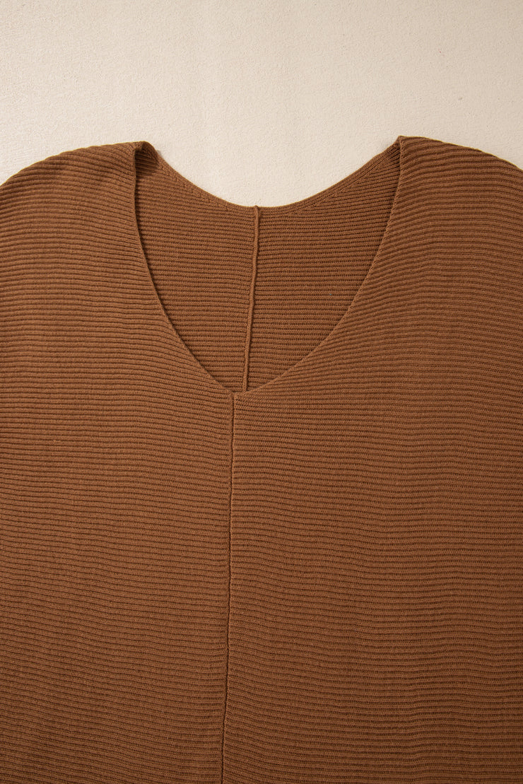 Camel Ribbed Knit Drop Sleeve V Neck Loose Fit Sweater