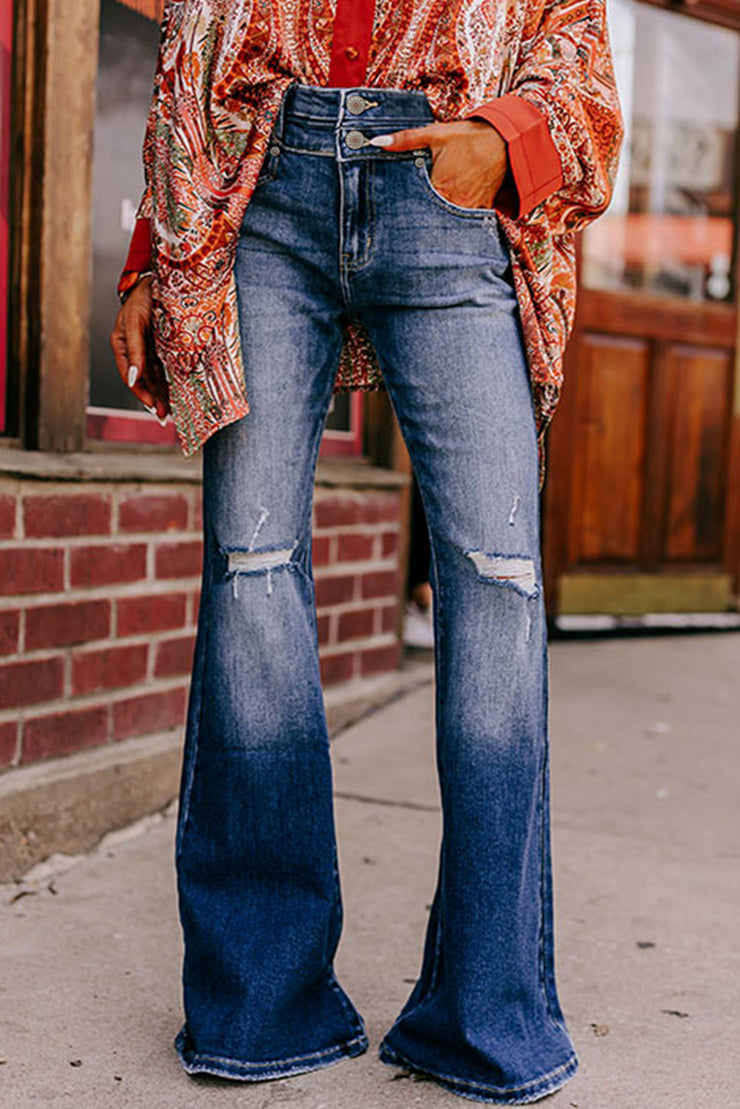 Sky Blue Button Fly Ripped High Waist Flare Jeans