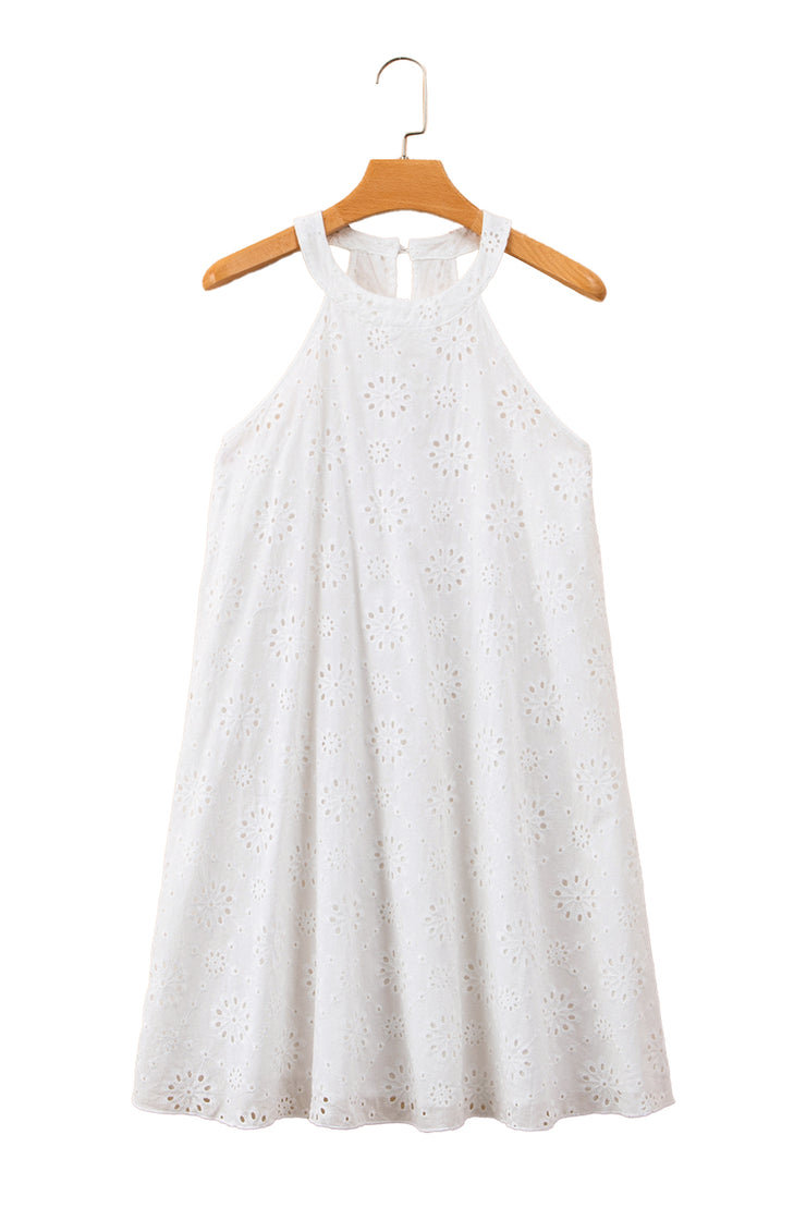 White Boho Eyelet Pattern Halter Neck Sleeveless Dress