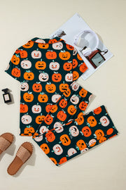 Orange Halloween Pattern Short Sleeve Shirt Pajama Set