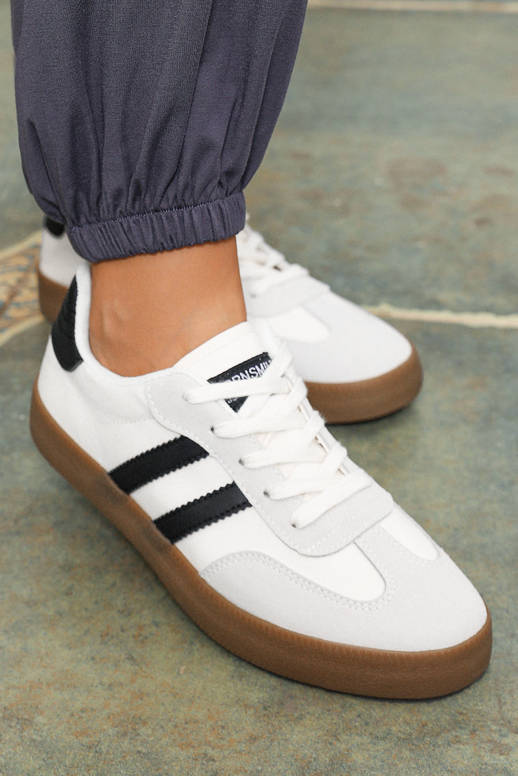 White Striped Lace Up Flat Sneakers