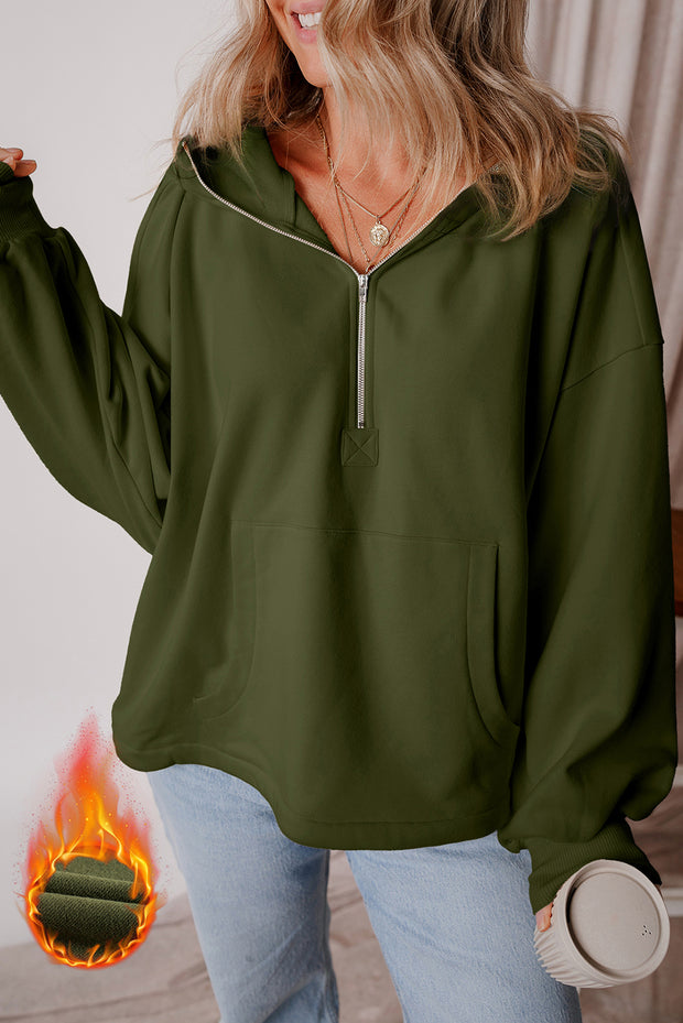 Moss Green Fleece Lined Half Zipper Kangaroo Pockets Loose Hoodie