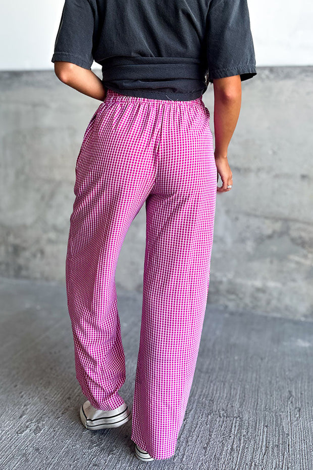 Pink Plaid Print Drawstring High Waist Wide Leg Casual Pants