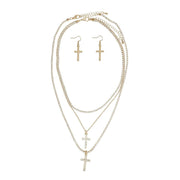 Triple Layer Gold Rhinestone Cross Necklaces