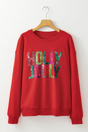 Red Heat Transfer HOLLY JOLLY Printing Christmas Pullover Sweatshirt