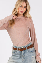 SAGE + FIG Glitter Mock Neck Lettuce Hem Long Sleeve Top